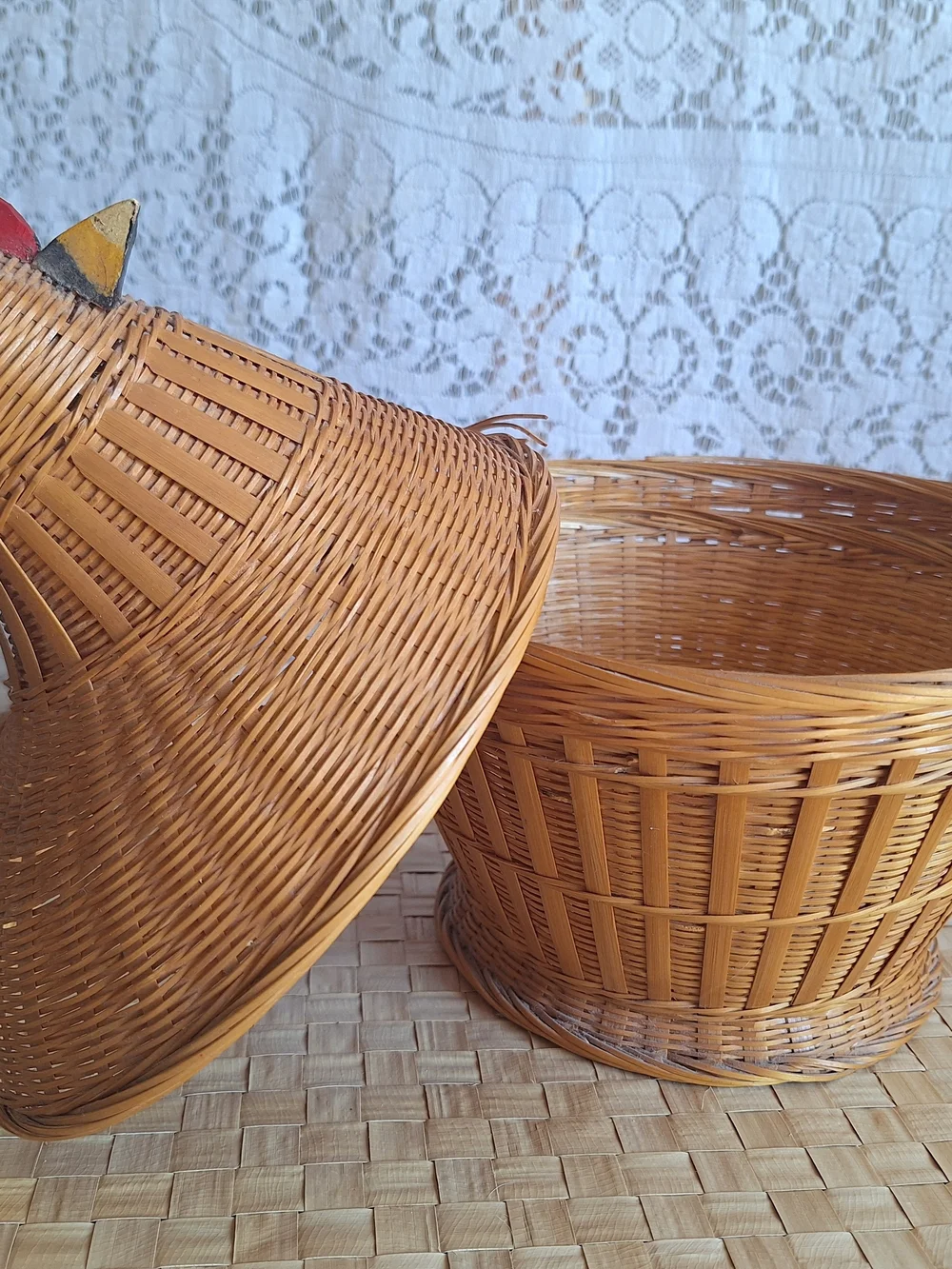 1960's Vintage Woven Rattan Chicken Basket with Red Comb